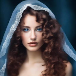 Create a book cover featuring a woman with curly brown hair and blue eyes