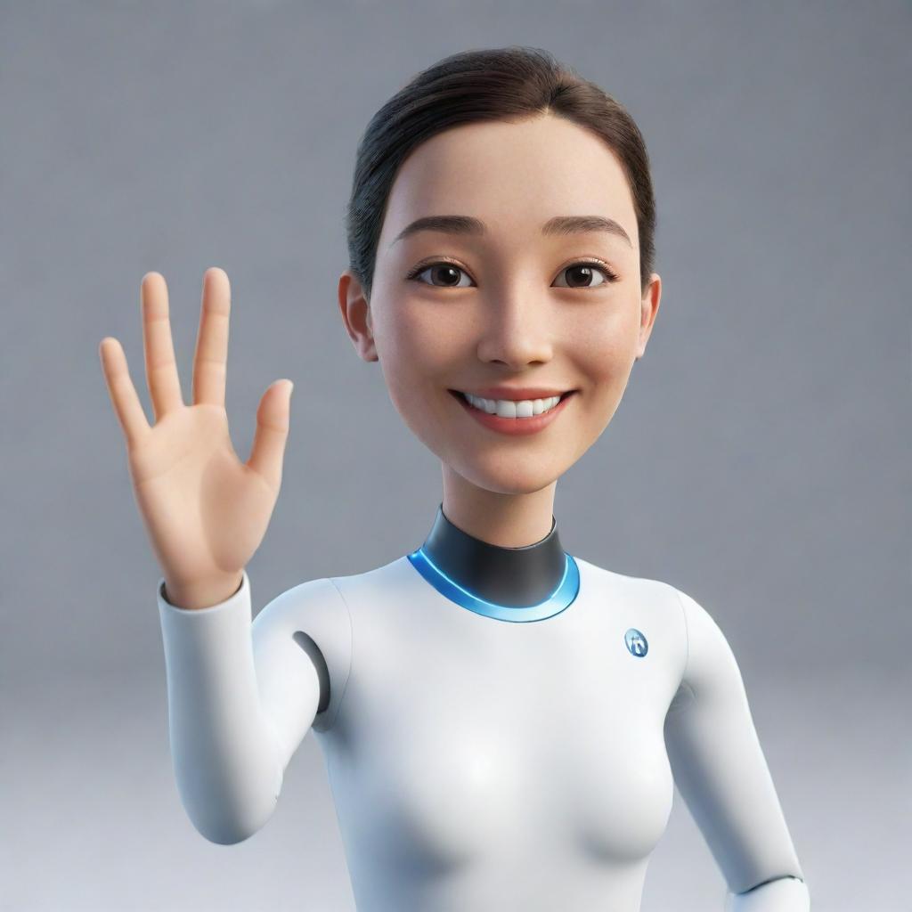 A friendly AI avatar waving hello with a warm, welcoming smile.