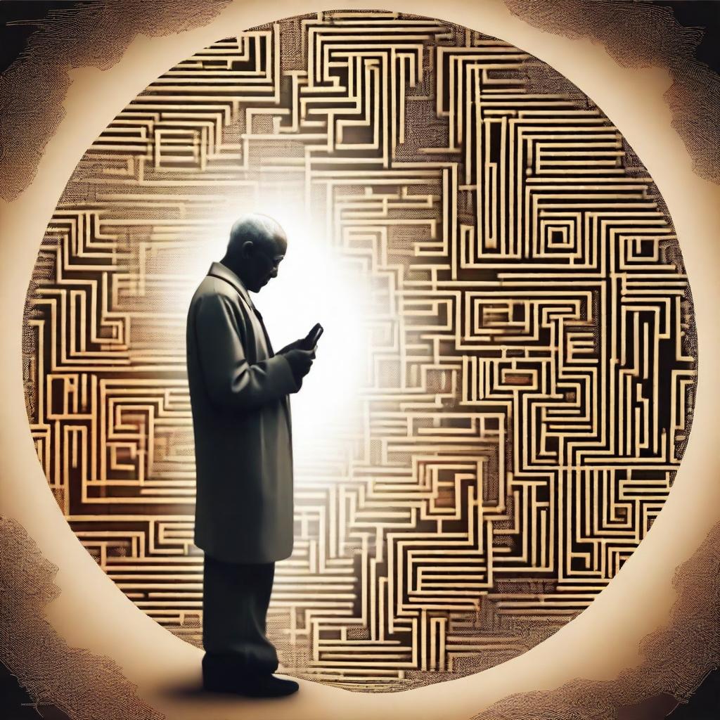 Create an intriguing and futuristic image that combines elements of a cellphone, a child, an old man, hieroglyphs, a vortex, and a puzzle to represent artificial intelligence