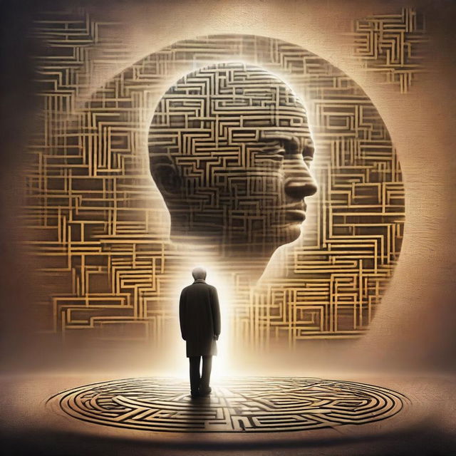 Create an intriguing and futuristic image that combines elements of a cellphone, a child, an old man, hieroglyphs, a vortex, and a puzzle to represent artificial intelligence