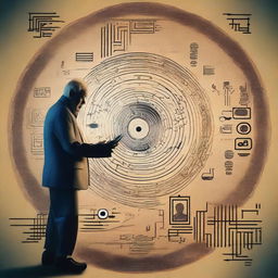 Create an intriguing and futuristic image that combines elements of a cellphone, a child, an old man, hieroglyphs, a vortex, and a puzzle to represent artificial intelligence