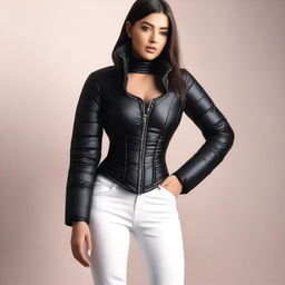 A stylish woman wearing a tight black puffer corset