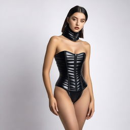 A stylish woman wearing a tight black puffer corset