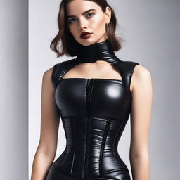 A fashionable woman wearing a tight black puffer corset