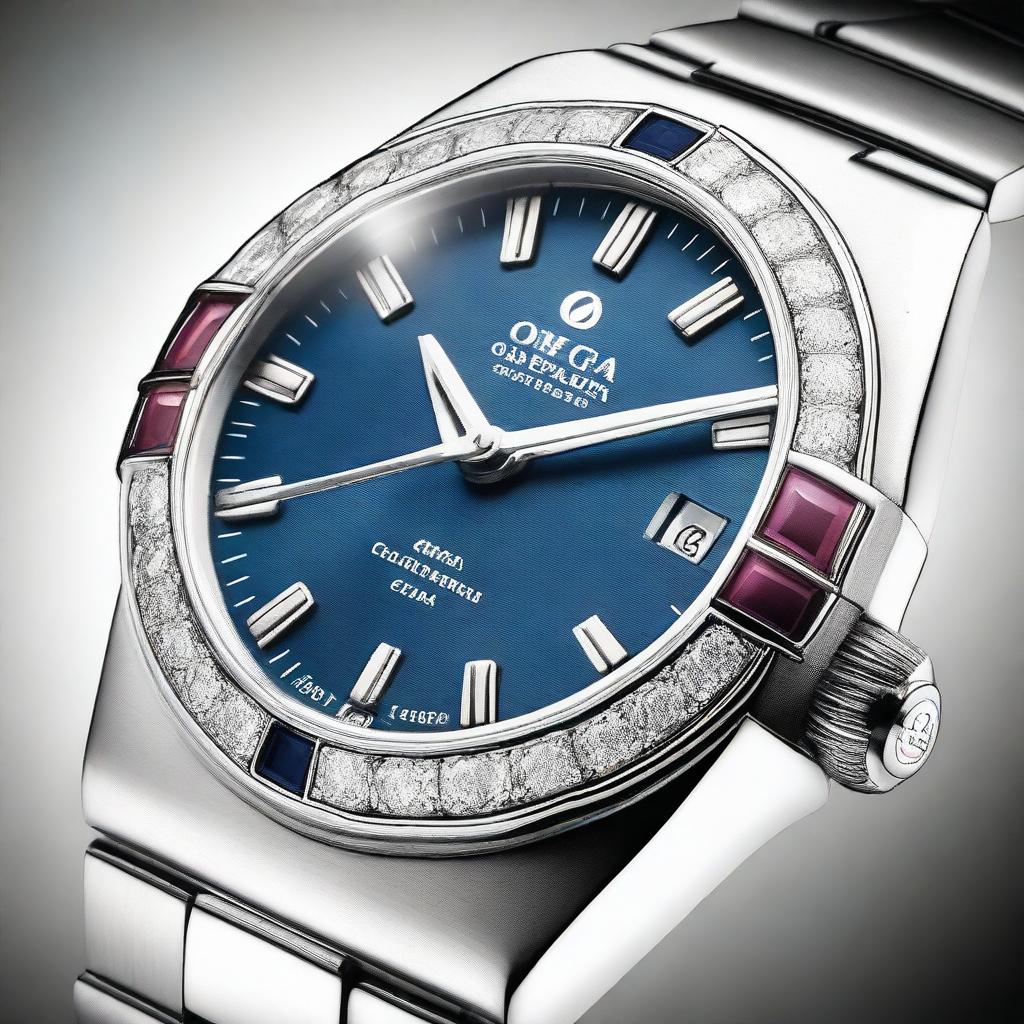 Create a detailed design for an Omega Constellation 38 steel watch