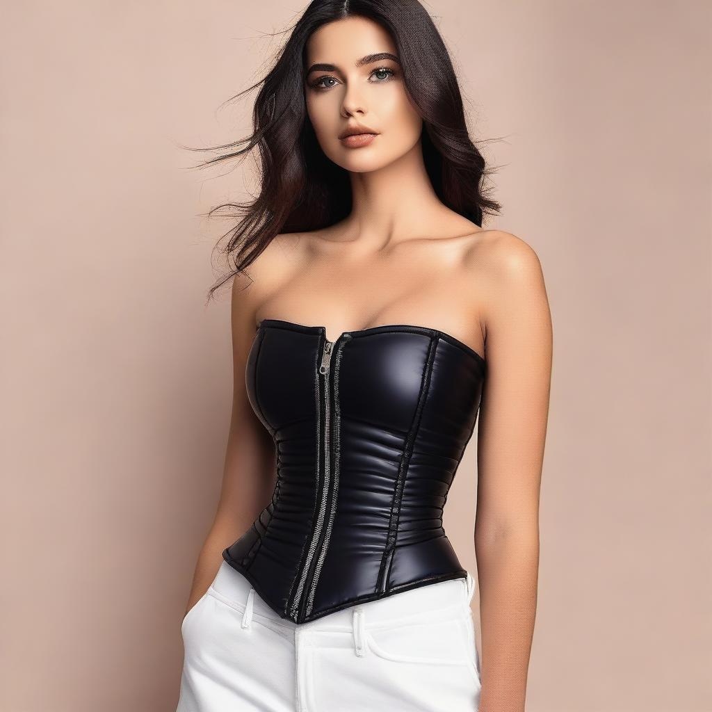 A stylish woman wearing a tight black puffer corset that accentuates her figure