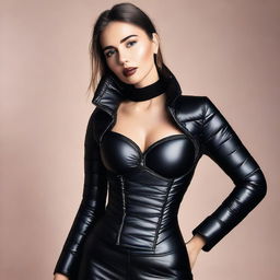 A stylish woman wearing a tight black puffer corset that accentuates her figure