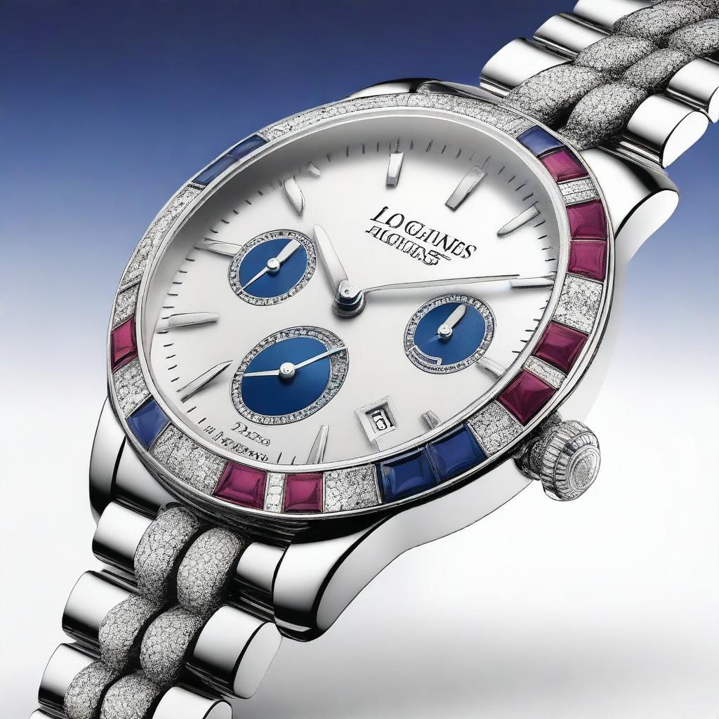 Create a detailed design for a Longines watch, incorporating diamonds, blue sapphires, and rubies