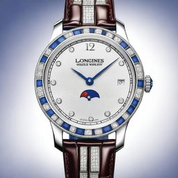 Create a detailed design for a Longines watch, incorporating diamonds, blue sapphires, and rubies