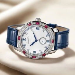 Create a detailed design for a Longines watch, incorporating diamonds, blue sapphires, and rubies