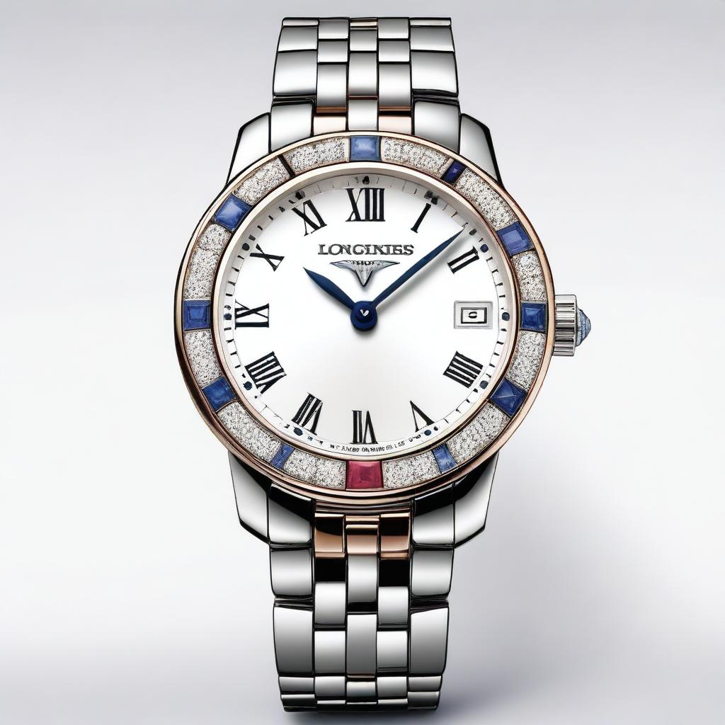 Create a detailed design for a Longines watch, incorporating diamonds, blue sapphires, and rubies