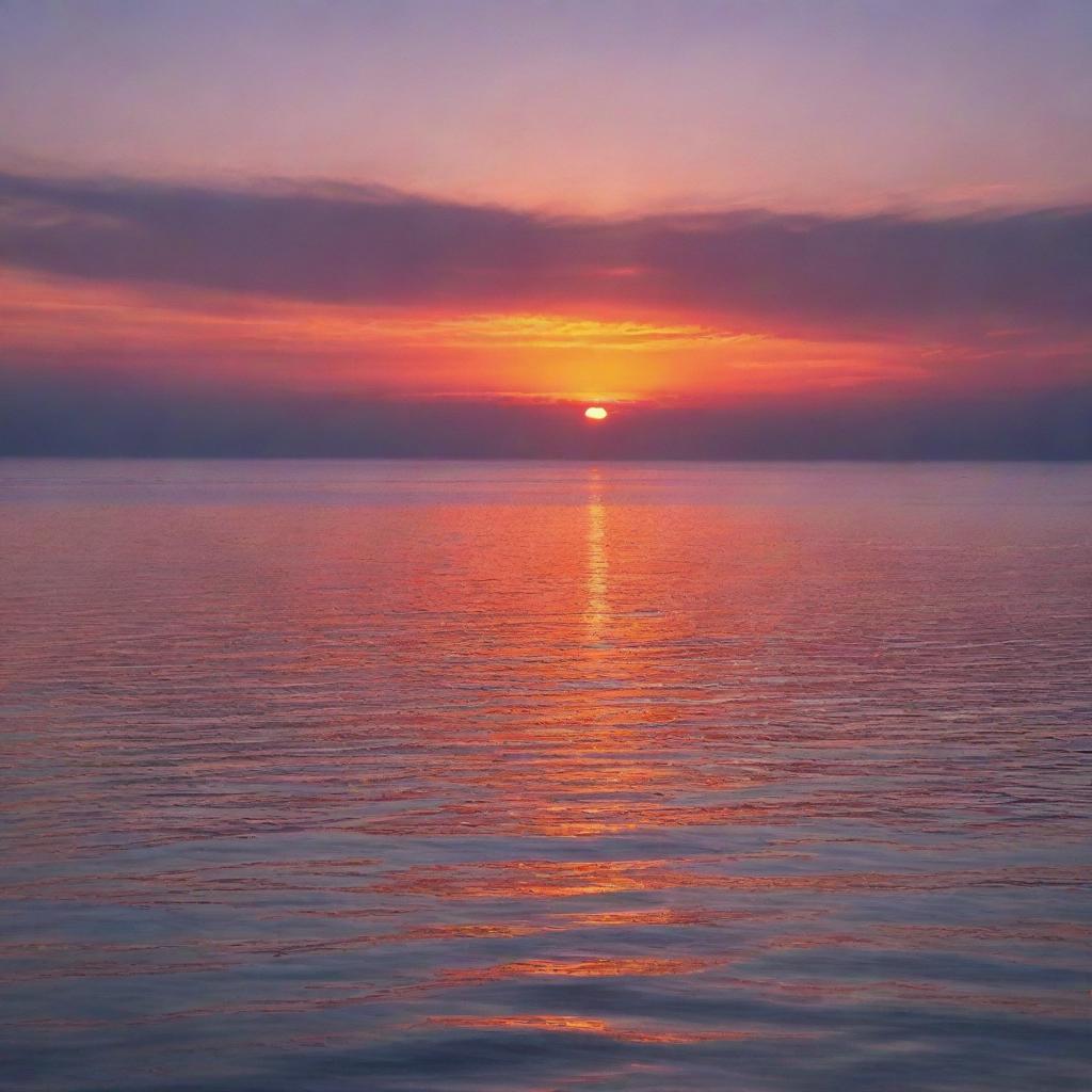 A picturesque sunset over a calm sea, where the sky is filled with hues of orange, purple, and red, reflecting on the tranquil water.