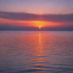 A picturesque sunset over a calm sea, where the sky is filled with hues of orange, purple, and red, reflecting on the tranquil water.