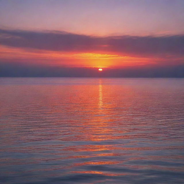 A picturesque sunset over a calm sea, where the sky is filled with hues of orange, purple, and red, reflecting on the tranquil water.