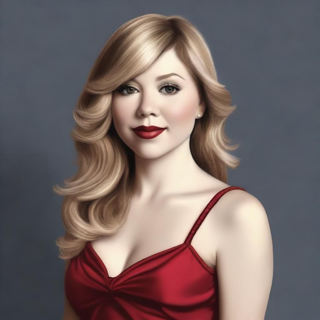 A realistic portrait of Jenette McCurdy wearing a red dress