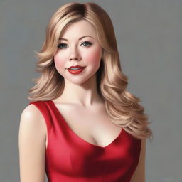 A realistic portrait of Jenette McCurdy wearing a red dress