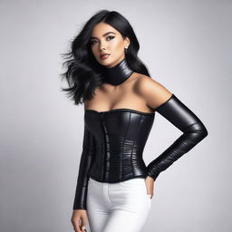 An elegant woman wearing a tight black puffer corset that accentuates her figure