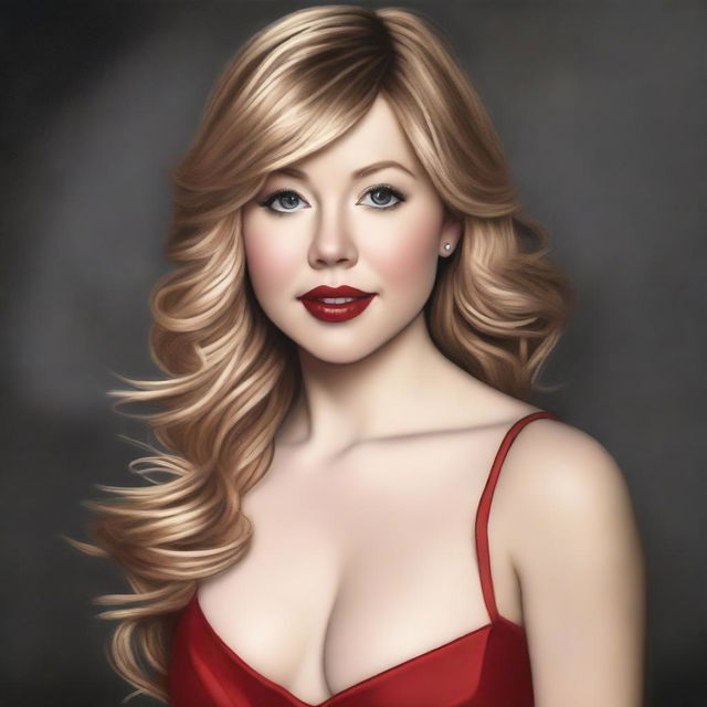 A realistic portrait of Jenette McCurdy wearing a red dress with a generous cleavage, partially showing her large breasts