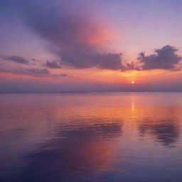 A picturesque sunset over a calm sea, where the sky is filled with hues of orange, purple, and red, reflecting on the tranquil water.