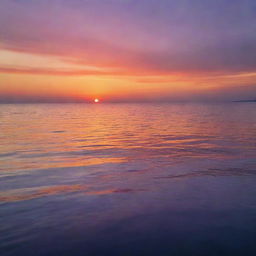 A picturesque sunset over a calm sea, where the sky is filled with hues of orange, purple, and red, reflecting on the tranquil water.