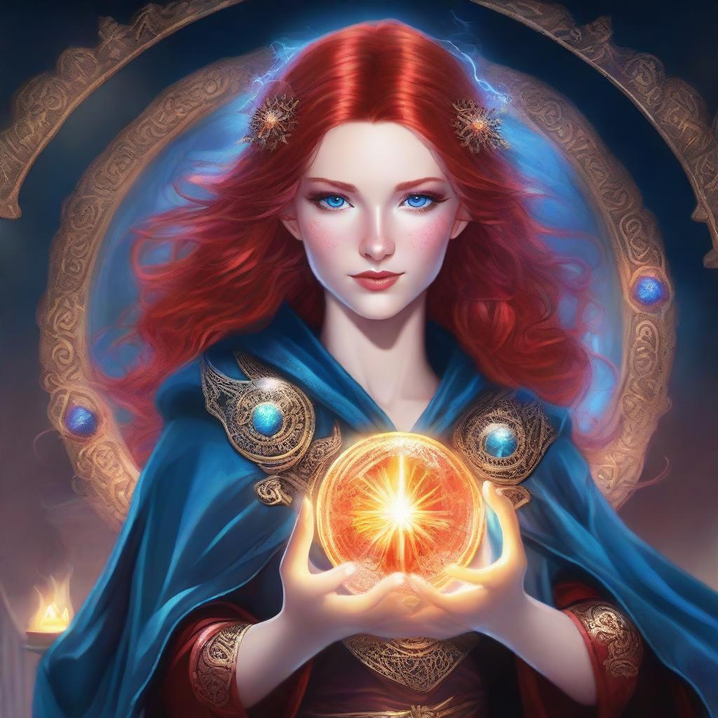 A detailed portrait of a female character with red hair and blue eyes