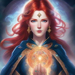 A detailed portrait of a female character with red hair and blue eyes