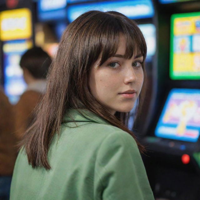 casual photograpy by kodak from the back, female , 23 year old with green eyes and black long hai with withe streaks in the bangs, brown jacket.,freckles, playing arcade video games, medium distance shot, high detailed, 4k hd,  --styerw--v 5.2 ar 2-3