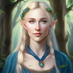 A detailed portrait of an elven female with blonde hair and blue eyes