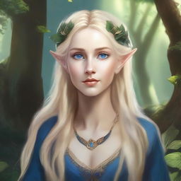 A detailed portrait of an elven female with blonde hair and blue eyes