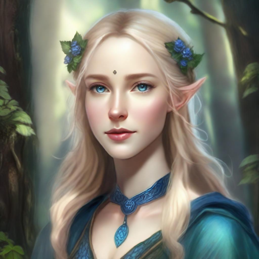 A detailed portrait of an elven female with blonde hair and blue eyes