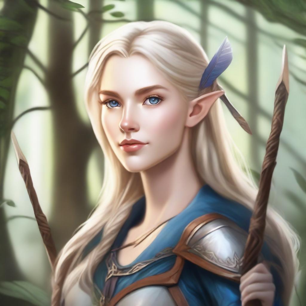 A detailed portrait of an elven female archer with blonde hair and blue eyes