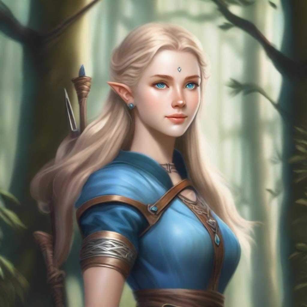 A detailed portrait of an elven female archer with blonde hair and blue eyes