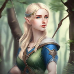 A detailed portrait of an elven female archer with blonde hair and blue eyes