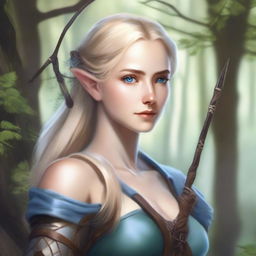 A detailed portrait of an elven female archer with blonde hair and blue eyes