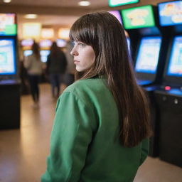 casual photograpy by kodak from the back, female , 23 year old with green eyes and black long hai with withe streaks in the bangs, brown jacket.,freckles, playing arcade video games, medium distance shot, high detailed, 4k hd,  --styerw--v 5.2 ar 2-3