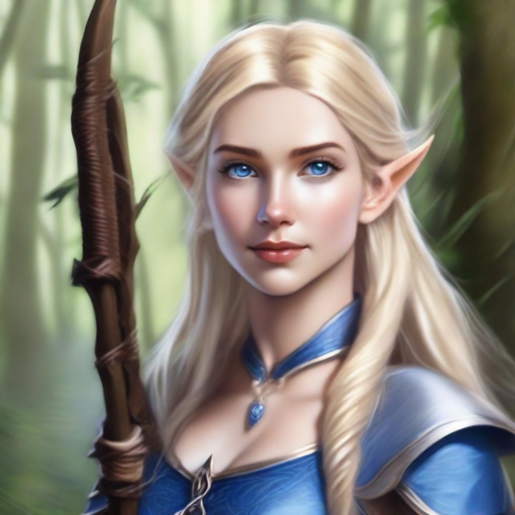 A detailed portrait of an elven female archer with blonde hair and blue eyes