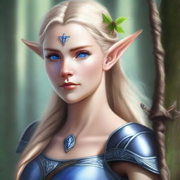 A detailed portrait of an elven female archer with blonde hair and blue eyes