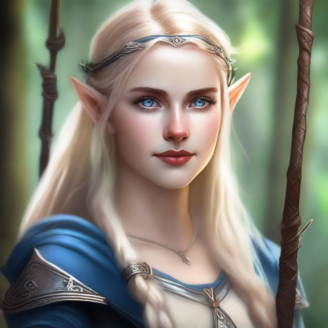 A detailed portrait of an elven female archer with blonde hair and blue eyes