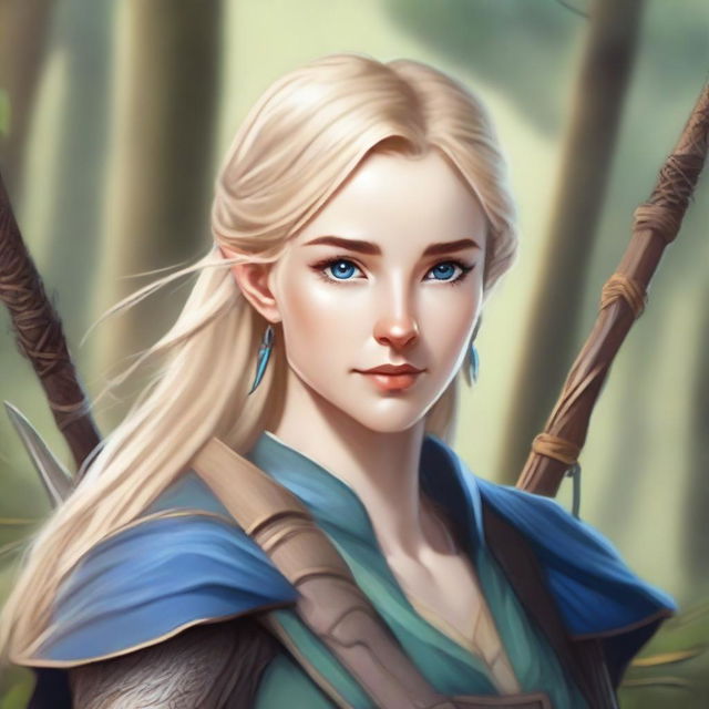 A detailed portrait of an elven female archer with blonde hair and blue eyes, inspired by Dungeons & Dragons