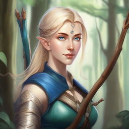 A detailed portrait of an elven female archer with blonde hair and blue eyes, inspired by Dungeons & Dragons