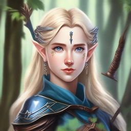 A detailed portrait of an elven female archer with blonde hair and blue eyes, inspired by Dungeons & Dragons