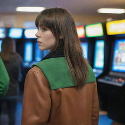 casual photograpy by kodak from the back, female , 23 year old with green eyes and black long hai with withe streaks in the bangs, brown jacket.,freckles, playing arcade video games, medium distance shot, high detailed, 4k hd,  --styerw--v 5.2 ar 2-3