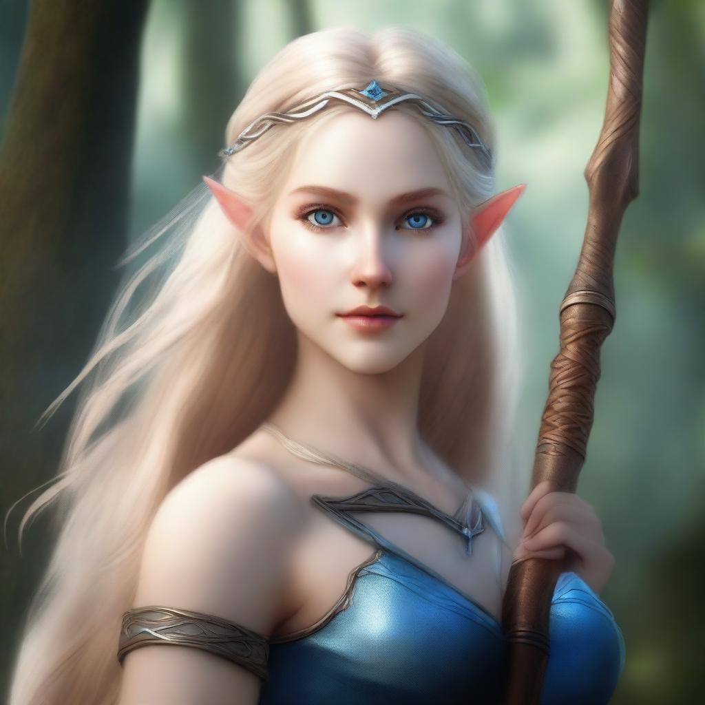 A detailed portrait of a female elven archer with blonde hair and blue eyes, set in a lush forest