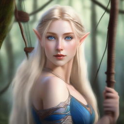 A detailed portrait of a female elven archer with blonde hair and blue eyes, set in a lush forest