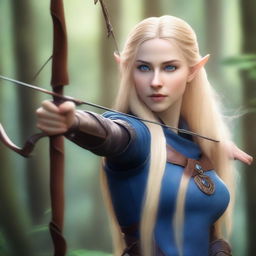 A detailed portrait of a female elven archer with blonde hair and blue eyes, set in a lush forest