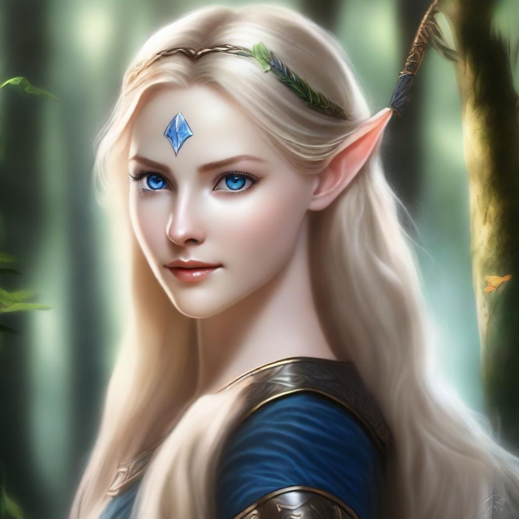 A detailed portrait of a female elven archer with blonde hair and blue eyes, set in a lush forest