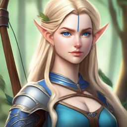 A detailed portrait of an elven female archer with blonde hair and blue eyes, set in a lush forest background