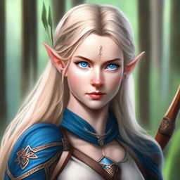 A detailed portrait of an elven female archer with blonde hair and blue eyes, set in a lush forest background