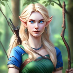 A detailed portrait of an elven female archer with blonde hair and blue eyes, set in a lush forest background