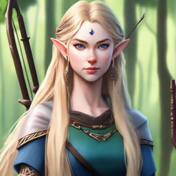 A detailed portrait of an elven female archer with blonde hair and blue eyes, set in a lush forest background